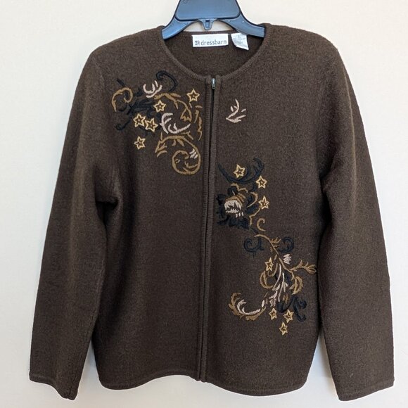 Dress Barn army green wool zip front sweater jacket embroidered floral Large EUC - Picture 1 of 11